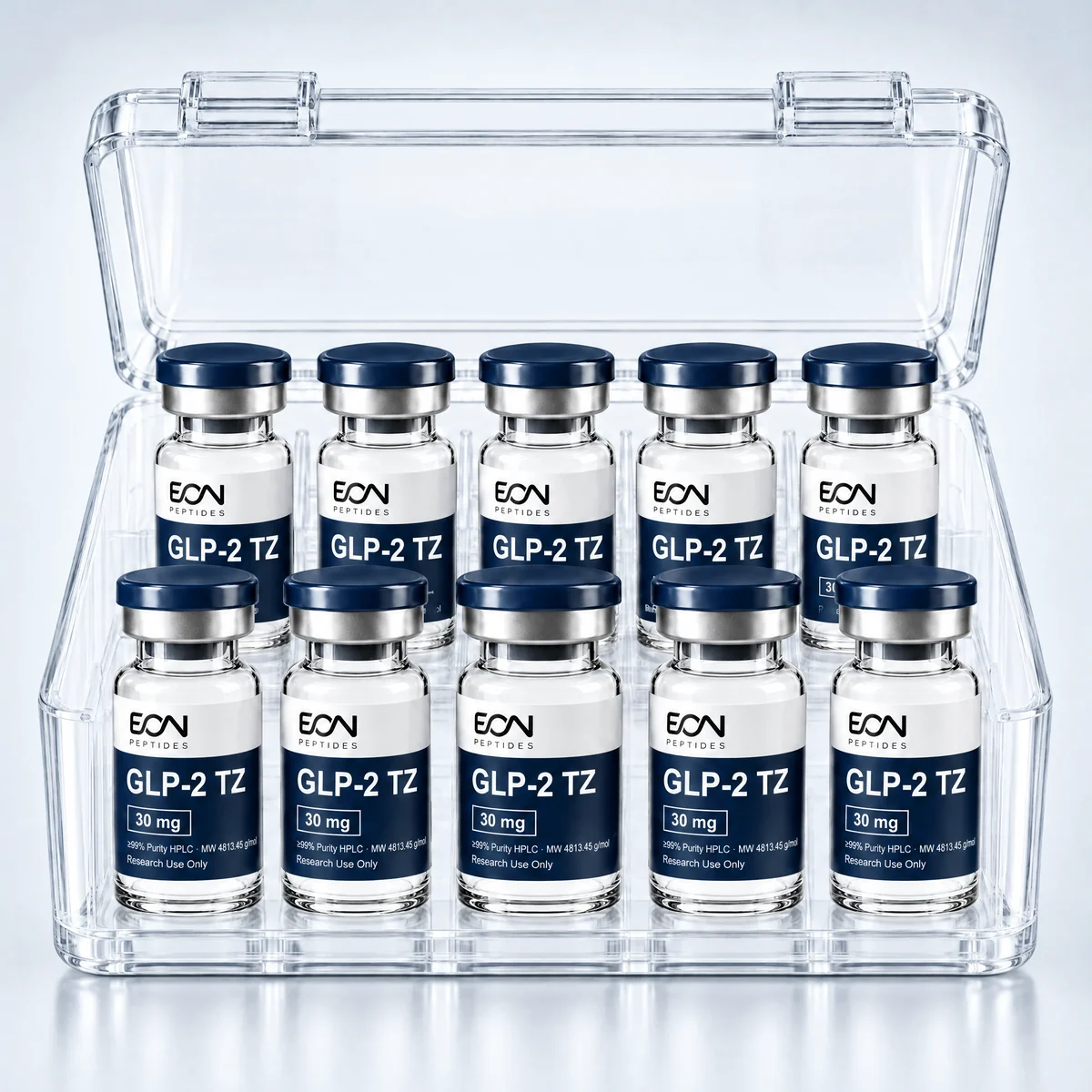 Ten GLP-2 TZ 30mg vials in a clear case