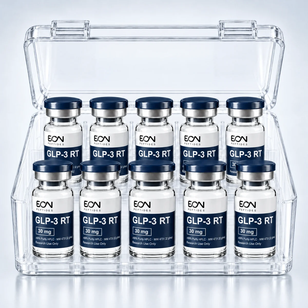 Ten GLP-3 RT 30mg vials in a clear case